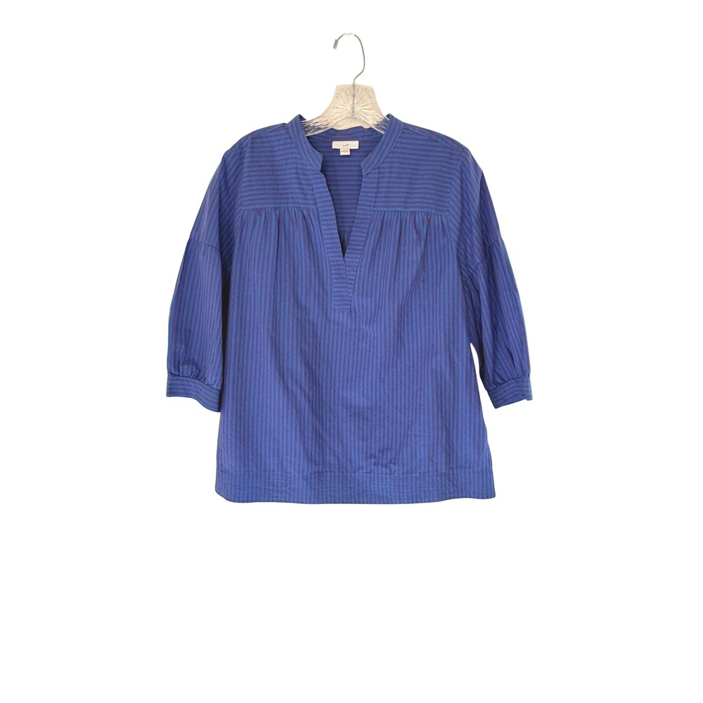 J. Jill Blouse Blue Purple V-Neck Striped Business Casual Puff Sleeve Small